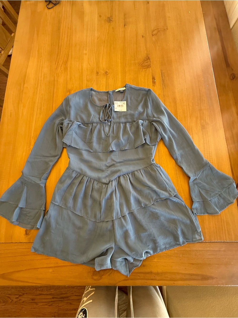 NWT American Eagle Blue Ruffle costal cowgirl Long Sleeve Romper With Shorts